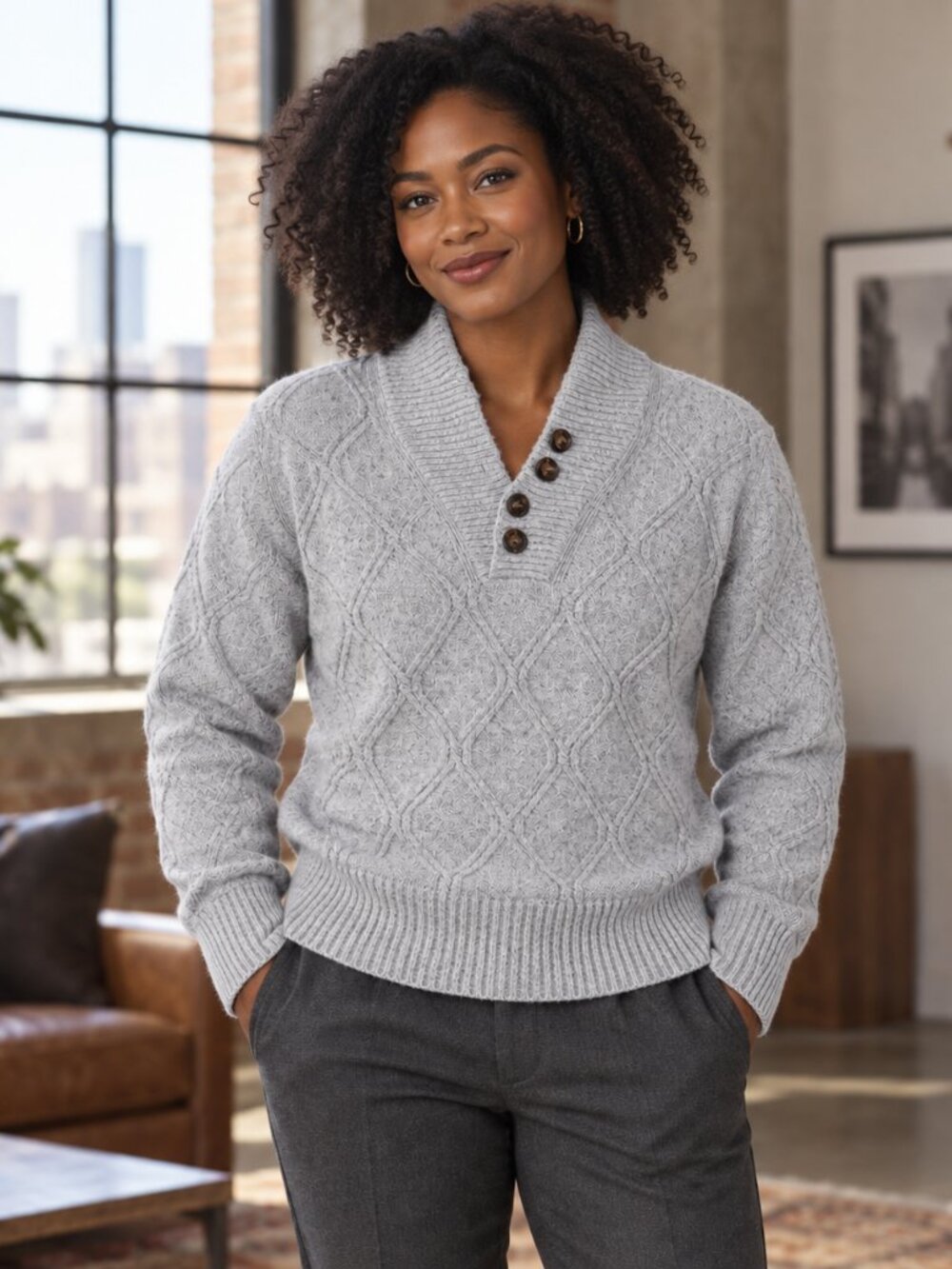 Threads 4 Thought Gray Cable Knit Button-Neck Sweater Women’s S NWT